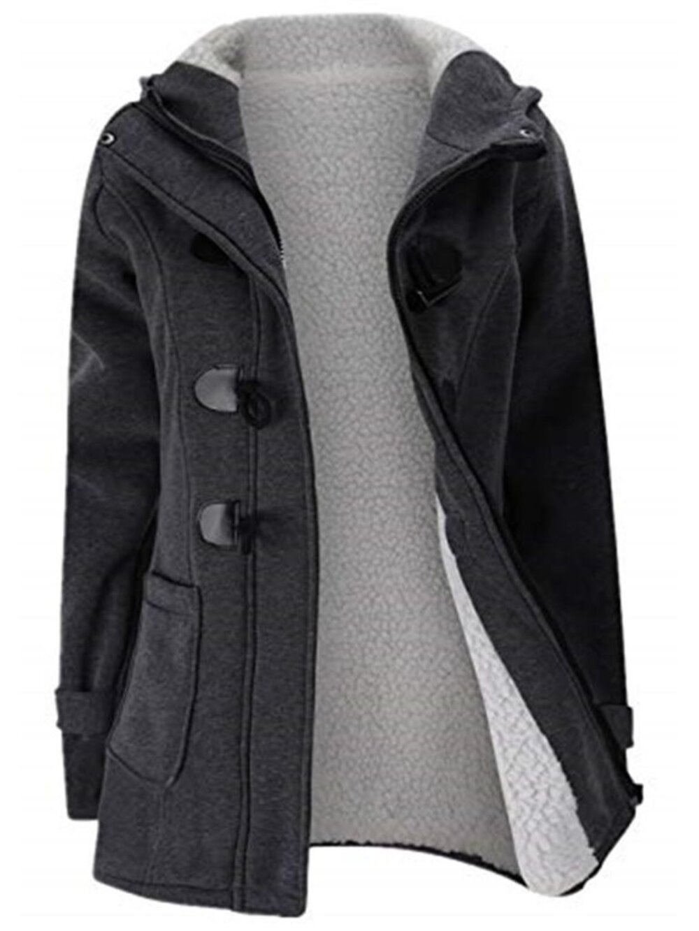 Womens Hooded Fleece Coat Horn Button Winter Warm Pea Coat Jacket